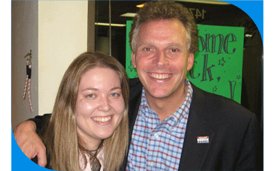 Chelsea stands with Terry McAuliffe who was serving as one of the co-chairs for Senator Hillary Clinton’s 2008 presidential campaign