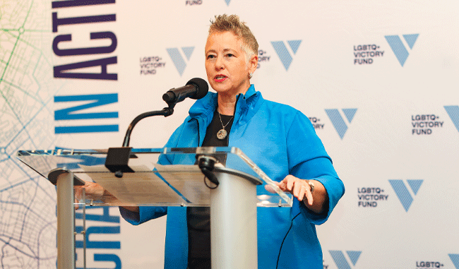 Mayor Annise Parker, president and CEO of LGBTQ+ Victory Fund, speaks at a fundraiser. Photo courtesy of LGBTQ+ Victory Fund.