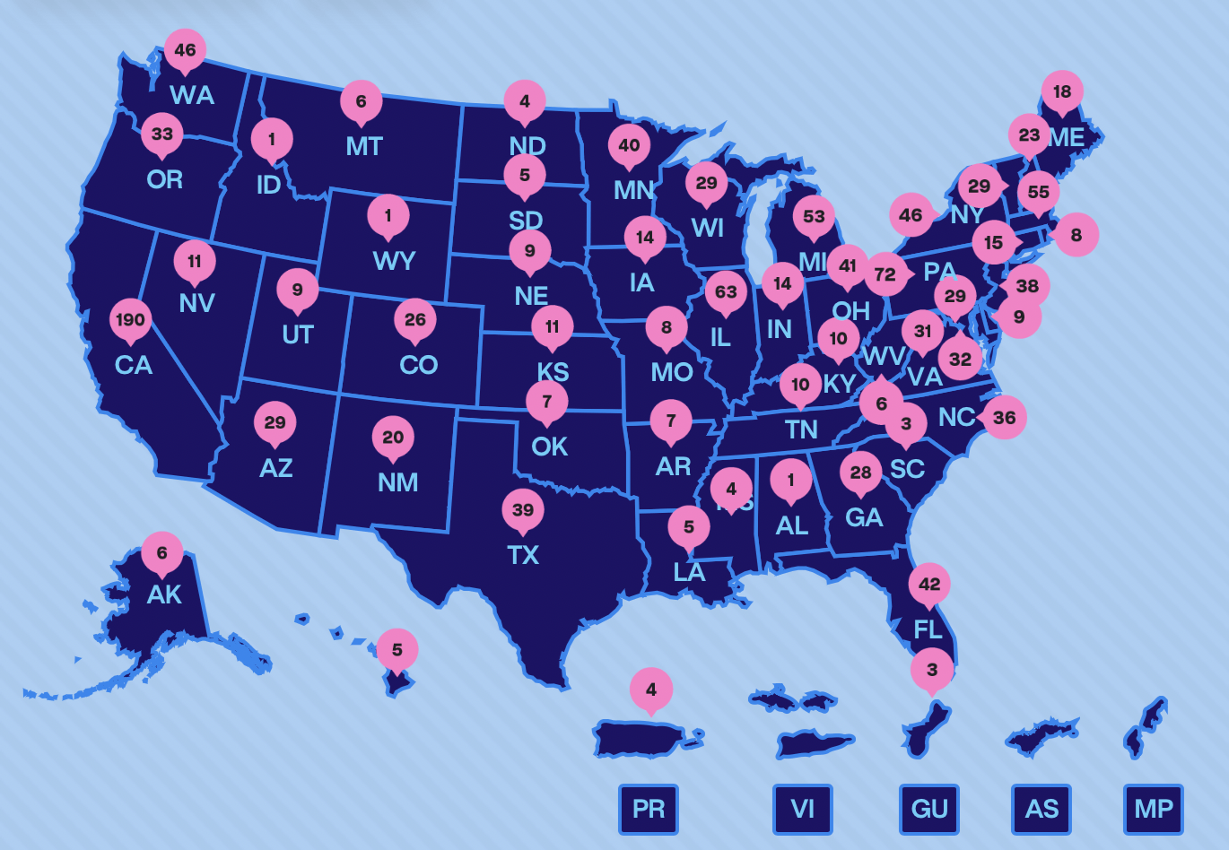 LGBTQ+ Victory Institute’s Out for America Map showing how many LGBTQ+ elected officials are serving across America and its territories (May 2024).