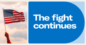 Someone holding a flag on the left side of a graphic that reads "The fight continues" in white text on a blue background